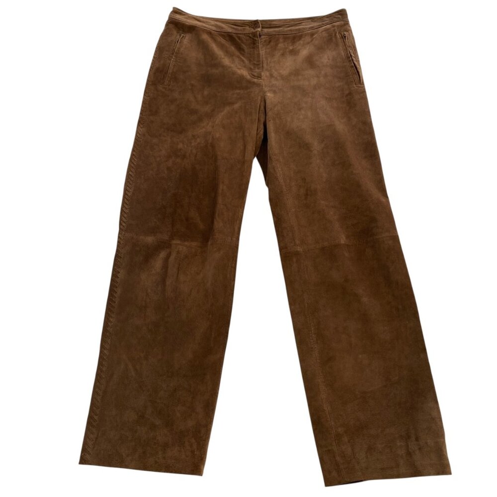Vintage Brown Suede Straight-Leg Pants With Side Zipper Pockets
